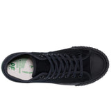 Top-down view of black canvas high-top sneakers with black laces, black grommets, rounded toe, and black rubber sole and toe cap