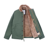 Green jacket with brown fur lining on a white background