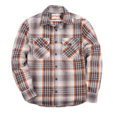 Plaid shirt with brown and white pattern on a white background