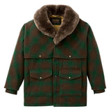 Green and brown plaid wool coat with a brown fur collar on a flat white background