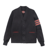 Women's Varsity Cardigan in charcoal and forster red stripe