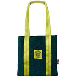 Forrest green tote bag with yellow straps on a white background.