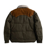 backside view of a puffy dark green wither coat with a white sherpa collar on a flat white background