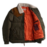 Dark green winter coat with a white sherpa collar. The coat is opened to reveal safety orange colored inner lining. Displayed on a flat white background