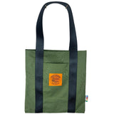 Olive green tote bag with black traps on white background
