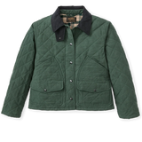 Dark green quilted coat with a black collar on a flat white background