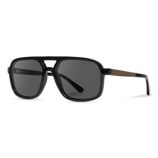 Black Aviator Sunglasses with Wooden Arms
