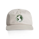 Beige cap with a green and white logo on a white background