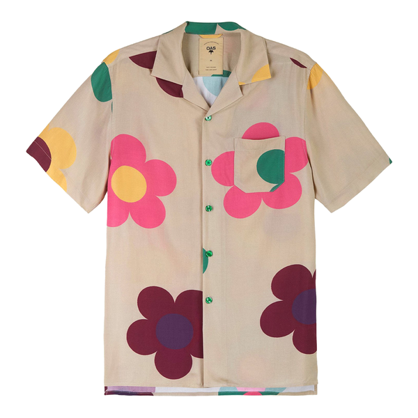 "tan viscose button up with multi color cartoonish flower print"
