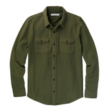 flat lay of the outerknown blanket shirt in olive color with brown buttons