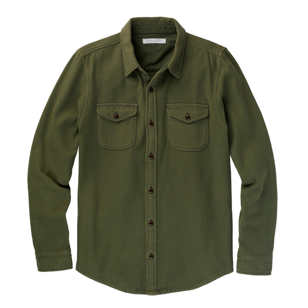 flat lay of the outerknown blanket shirt in olive color with brown buttons