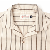 Close up of collar on Hawaiian Shirt in Stone Stripe