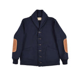 Navy sweater with brown elbow patches on a white background