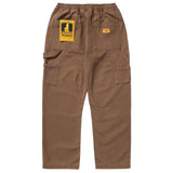 Brown cargo pants with a patch on a white background