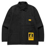Black jacket with yellow labels on a white background