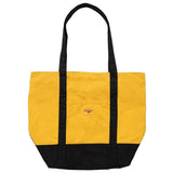 Yellow tote bag with black handles and bottom on a white background