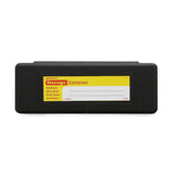 Black storage container with a label on a white background