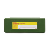 Green storage container with a yellow label on a white background