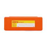 Orange storage container with a label on a white background