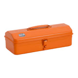 Orange toolbox with a handle on a light gray background