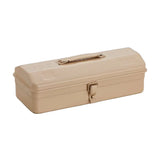 Beige tool box with a handle on a light gray background