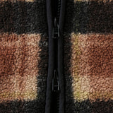 Close up of black two way separating zipper on a brown and black fleece jacket
