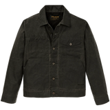 Front of dark gray waxed canvas trucker-style jacket with a row of metal buttons going down the center, two hand pockets, and a chest pocket on the wearer's right side with a button-secured flap