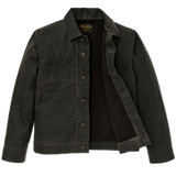 Front of dark gray trucker-style jacket fully unbuttoned with one side pulled back to show black lining
