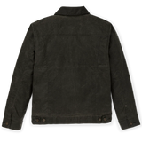 Back of dark gray waxed canvas trucker style jacket with adjustable tabs at the waist