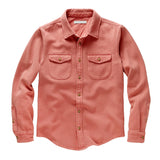flat lay of the outerknown blanket shirt in salmon color mineral red with tan buttons