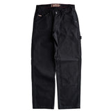 Front of a pair of relaxed fit black canvas utility pants with a hammer loop on the wearer's left side and two hand pockets.