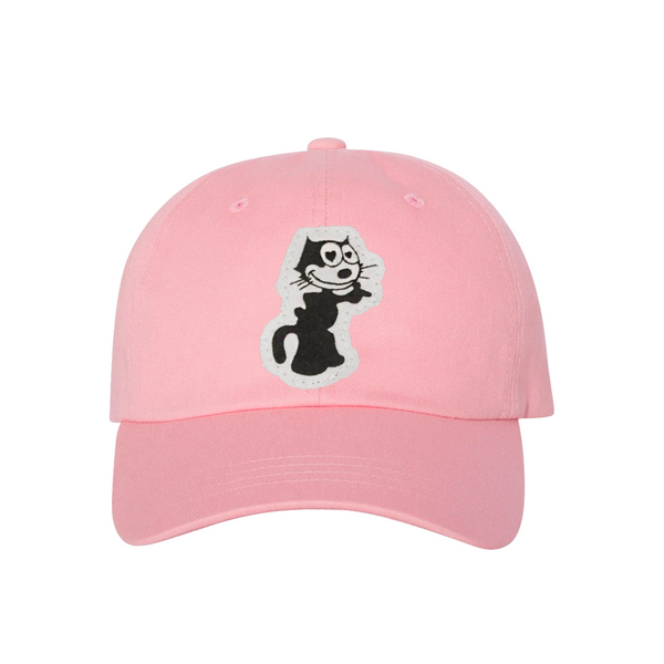 Pink canvas hat with cat cartoon patch