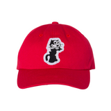 Red canvas hat with cat cartoon patch