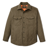 Front of olive green jacket with coordinated buttons going down the center, two button-secured flap chest pockets, and two hand warmer pockets. The orange inner lining is visible behind collar.