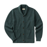 Front of dark green shawl collar cardigan in a seeded-textured knit with two hand pockets