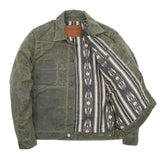 "waxed canvas olive western style jacket with southwestern blanket lined body and satin lined sleeves"
