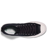 Top-down view of black canvas high-top sneakers with black laces, silver grommets, and white rubber sidewalls and rounded toe cap