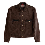 Front of Western-style dark brown corduroy jacket with snaps going down center and two chest pockets with snap closures and Western-style flaps