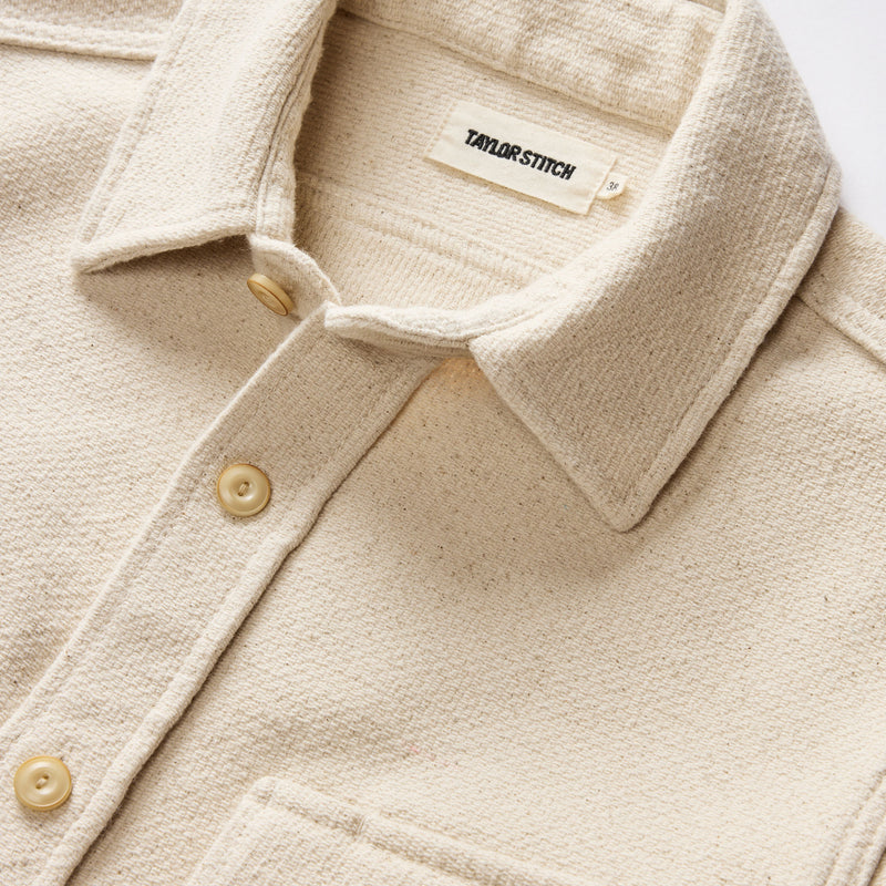 The Division Shirt in Birch, close up of collar and buttons