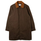 Front of Bell Mac Coat in dark brown, fully buttoned with collar down