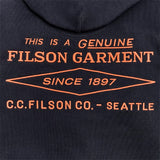 Close up of Filson embroidery on back of hoodie