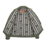 "open waxed canvas olive western style jacket with southwestern blanket lined body and satin lined sleeves"