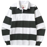 Front of a white rugby polo with long sleeves, a white collar, and wide dark green horizontal stripes