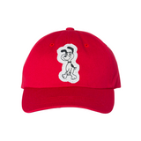 Red canvas hat with dog cartoon patch