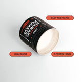 Open jar of pomade and list of selling points: easy restyling, strong hold, and high shine.