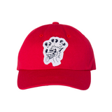 Red canvas hat with wolf cartoon patch