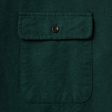 Close up of a chest pocket on a dark green shirt with a flap secured with a small black button