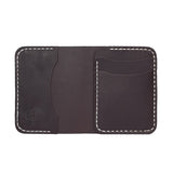 Dark brown card wallet made with real leather and hand stitched in Des Moines