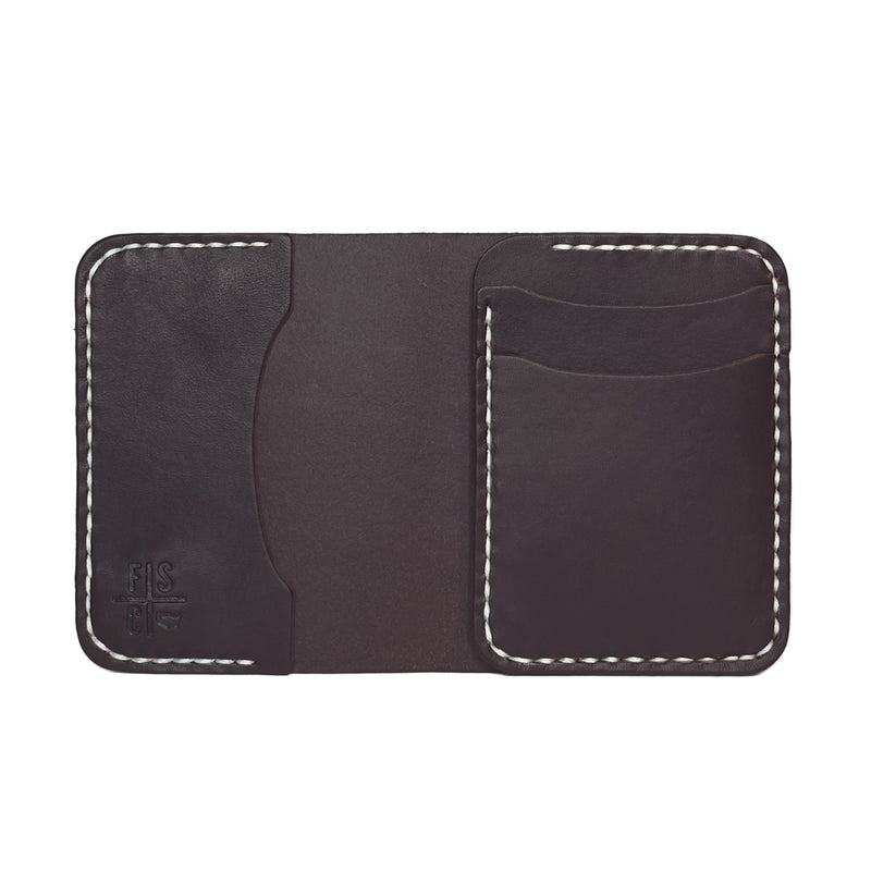 Dark brown card wallet made with real leather and hand stitched in Des Moines