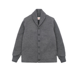 Gray cardigan with a shawl collar on a white background